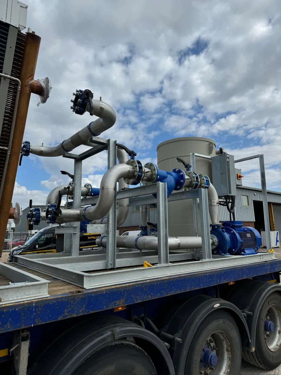 Stainless process pipework and industrial machinery mounted on a flatbed truck